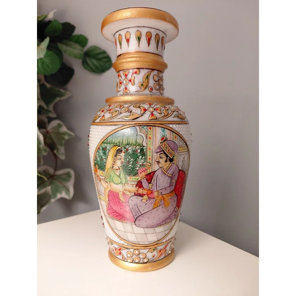 Marble Vase India Mughal Style Court Scene Intricate Raised Decoration Pristine